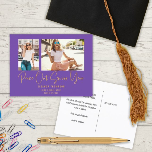 Postal De Anuncios Peace Out 2 Photo Script 2022 Graduación Purple (Subido por el creador)