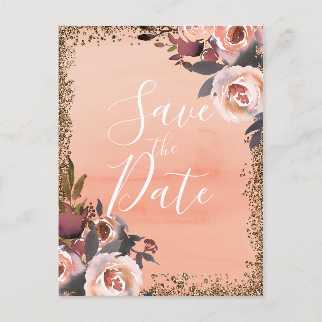 Postal De Anuncios Peach & Gold Glitter Floral Modern Salva la Fecha (Anverso)