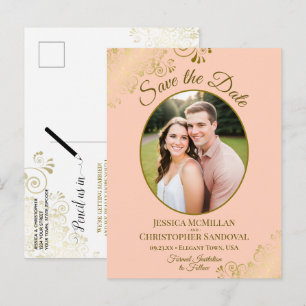 Postal De Anuncios Peach & Gold Posh Wedding Save the Date Foto Oval