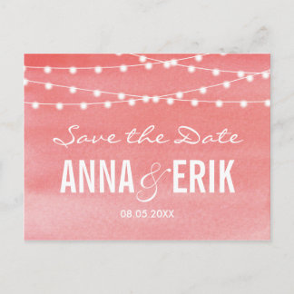 Postal De Anuncios Peach Watercolor String Lights Save the Date