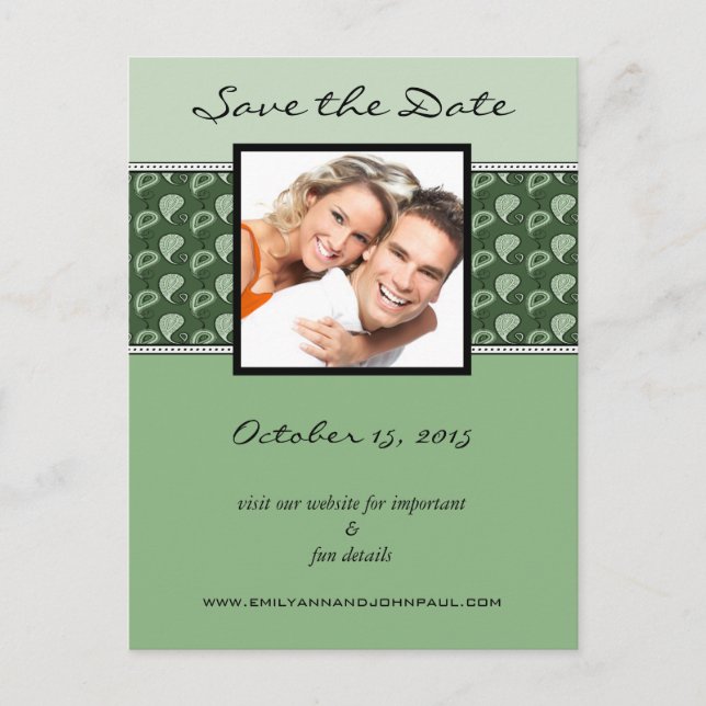 Postal De Anuncios PeaPod Green Paisley Save The Date Tus Fotos (Anverso)
