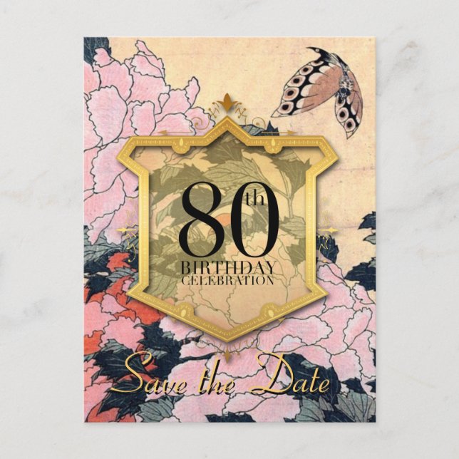 Postal De Anuncios Peonías Mariposa Ahorra la Fecha 80 Cumpleaños Pos (Anverso)