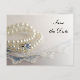 Postal De Anuncios Perlas, Anillo y Encaje Azul de Boda Save the Date