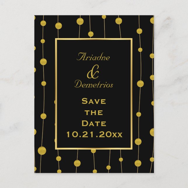 Postal De Anuncios Perlas de papel de oro negro boda moderna Save the (Anverso)