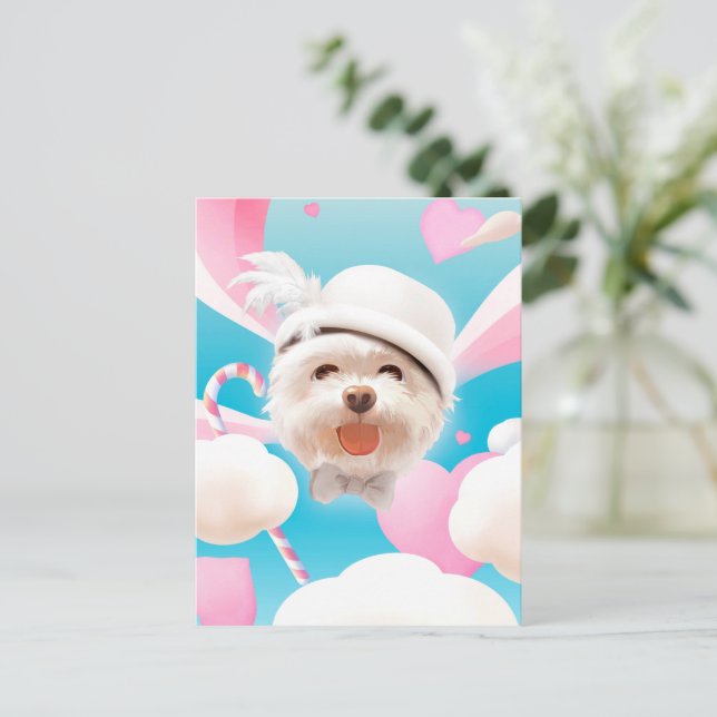 Postal De Anuncios Perro Esponjoso con Sombrero Blanco (Anverso de pie)