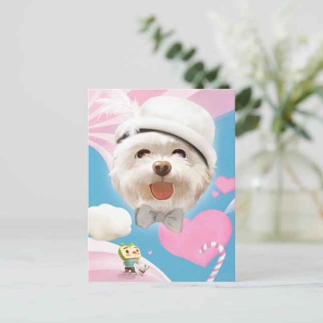 Postal De Anuncios Perro Esponjoso con Sombrero Blanco (Anverso de pie)