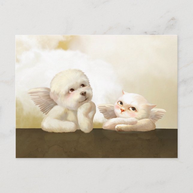 Postal De Anuncios Perro y gato angelical en la nube (Anverso)