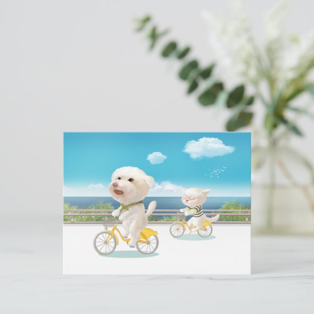 Postal De Anuncios Perros y gatos en bicicleta junto al mar (Anverso de pie)