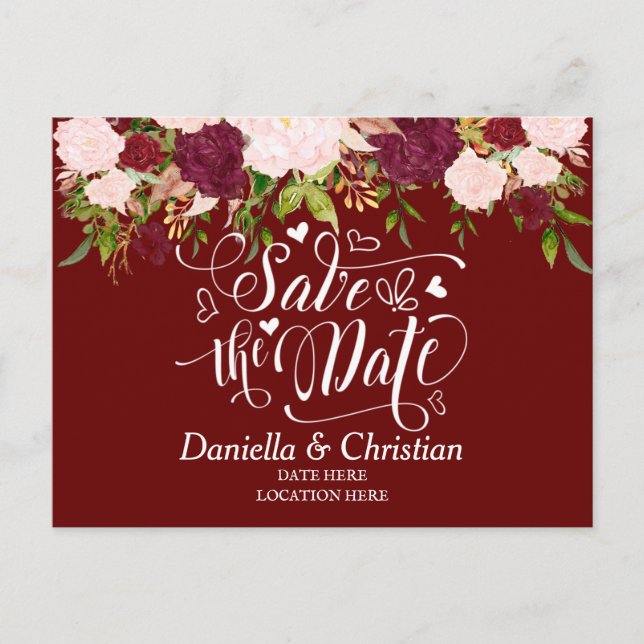 Postal De Anuncios Personalizado Burgundy Floral Save The Date (Anverso)