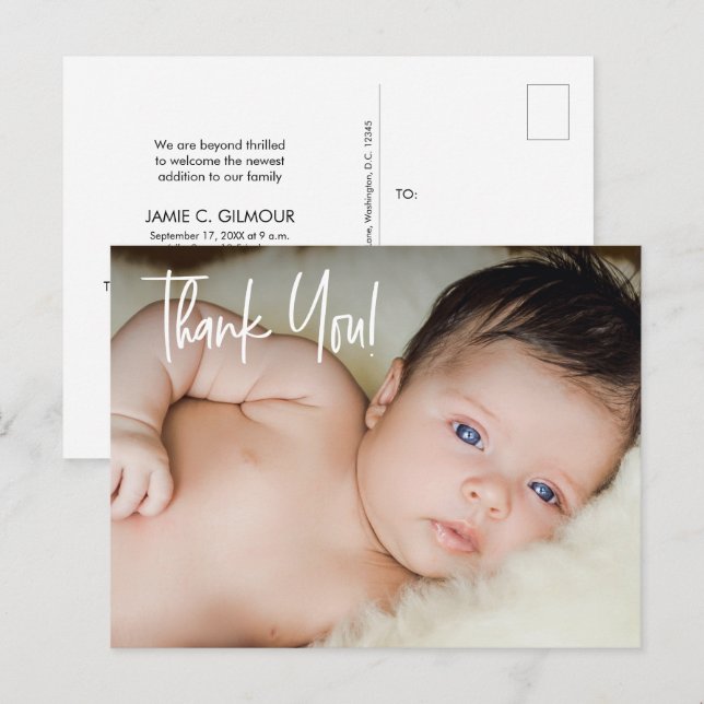 Postal De Anuncios Personalizado Foto de bebé con escritura moderna m (Anverso / Reverso)