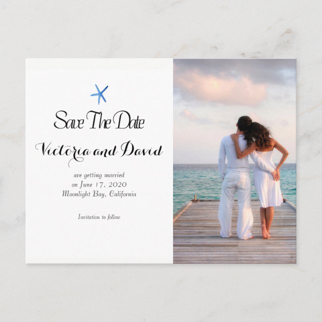 Postal De Anuncios Personalizado Ocean Blue Beach Wedding Salva la fe (Anverso)