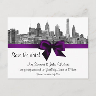 Postal De Anuncios Philadelphia Skyline Etch BW Purple Save the Date