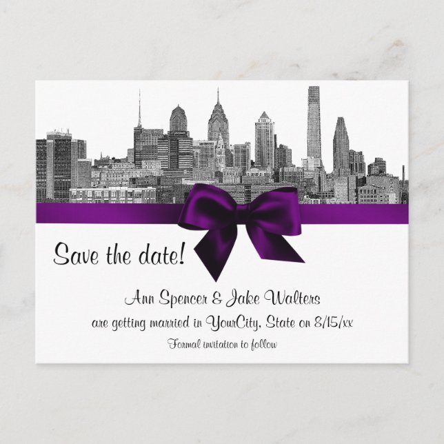 Postal De Anuncios Philadelphia Skyline Etch BW Purple Save the Date (Anverso)