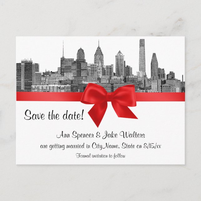 Postal De Anuncios Philadelphia Skyline Etch BW Red Save the Date (Anverso)