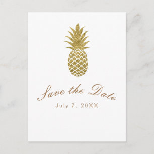 Postal De Anuncios Piña Dorada Blanca Moderna Tropical Salvar la Fech