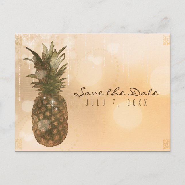 Postal De Anuncios Piña Dorada Glam Elegante Guardar la Fecha (Anverso)