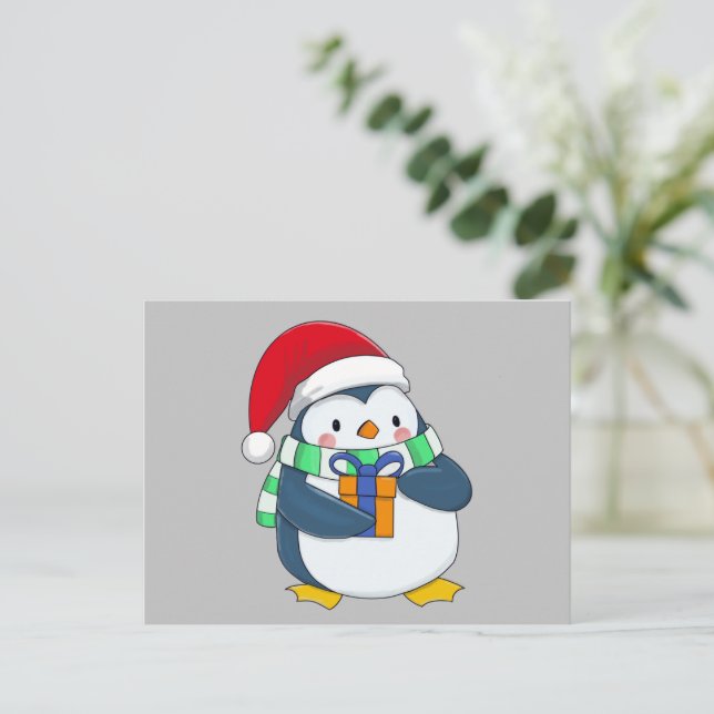 Postal De Anuncios Pingüino en un gorra Navidad con un regalo (Anverso de pie)