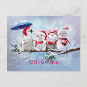 Postal De Anuncios Pingüino, gato, búho y muñeco de nieve bajo la nie