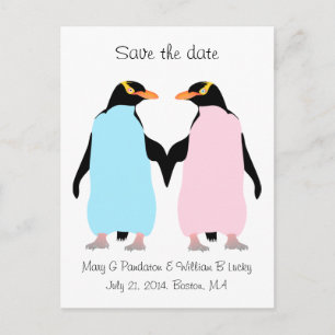 Postal De Anuncios Pingüinos pastel tomados de la mano, salva la fech