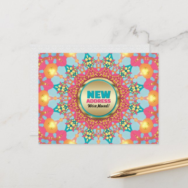 Postal De Anuncios Pink Blue Mandala We've Moved New Address (Anverso/Reverso In Situ)