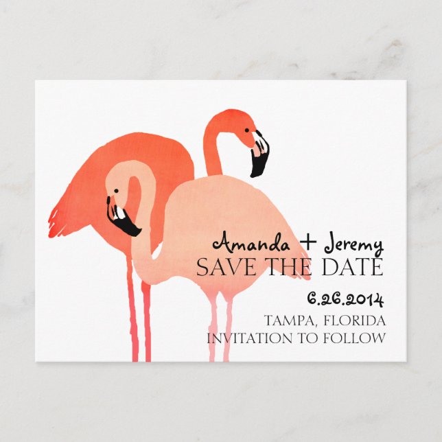 Postal De Anuncios Pink Flamingos Playa Save The Date (Anverso)