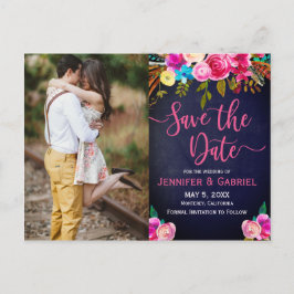 Postal De Anuncios Pink Floral Handwriter | Foto azul Guardar la fech