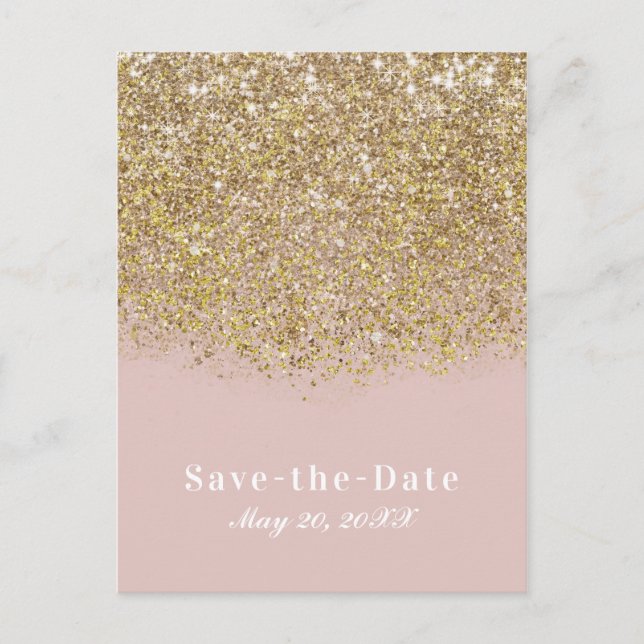Postal De Anuncios Pink & Gold Glitter Modern Glam Salva la Fecha (Anverso)