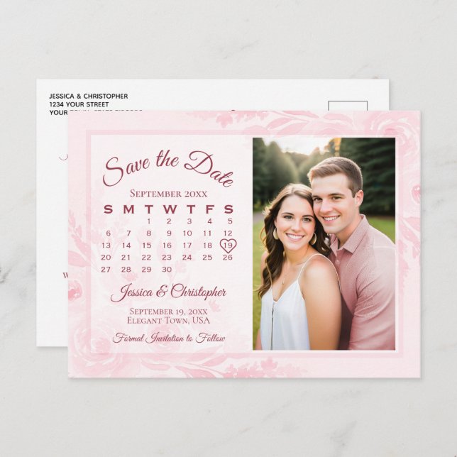 Postal De Anuncios Pink Peonies Wedding Save the Date Calendar Photo (Anverso / Reverso)