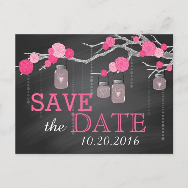 Postal De Anuncios Pink Rose Branch Chalkboard Guardar la fecha (Anverso)