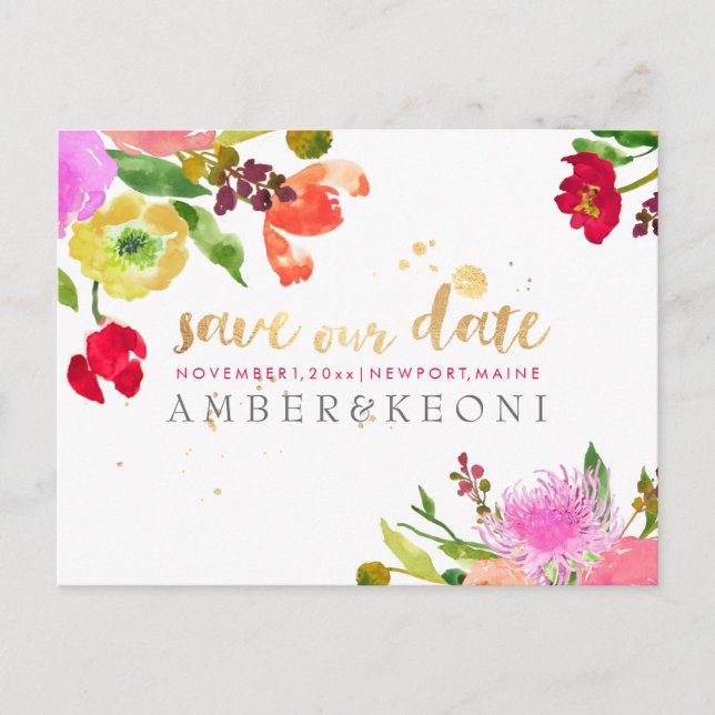 Postal De Anuncios PixDezines acuarela floral guardar la foto de fech (Anverso)