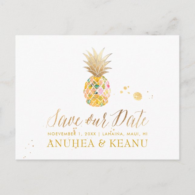 Postal De Anuncios PixDezines Aloha Piña/Dorado/Guardar la fecha (Anverso)