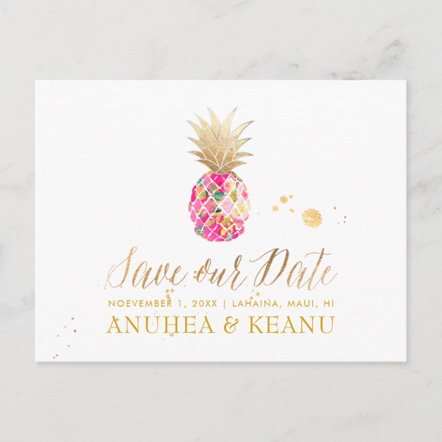 Postal De Anuncios PixDezines Aloha Piña/Rosa Fuerte/Guardar la Fecha (Anverso)