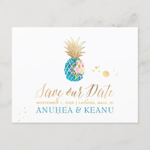 Postal De Anuncios PixDezines Aloha Piña/Verde azulada/Save the Date