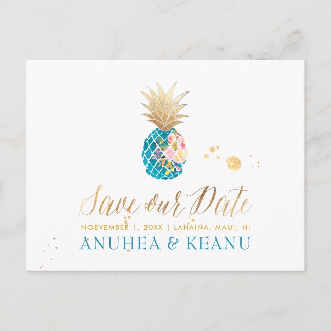 Postal De Anuncios PixDezines Aloha Piña/Verde azulado/Ahorrar la Fec (Anverso)