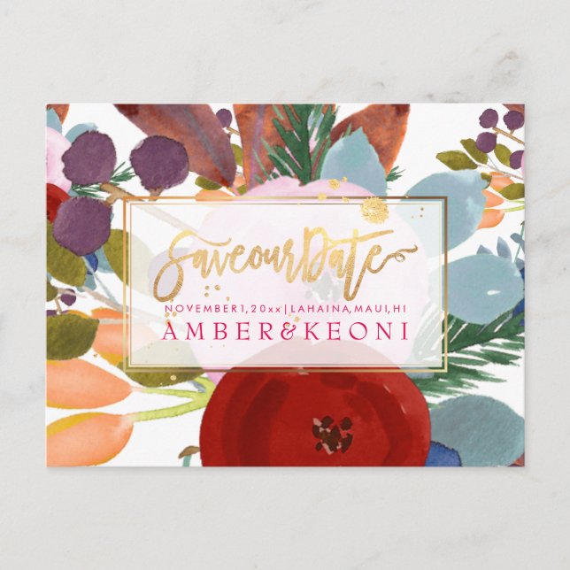 Postal De Anuncios PixDezines Boho Floral Acuarela Guardar Fecha (Anverso)