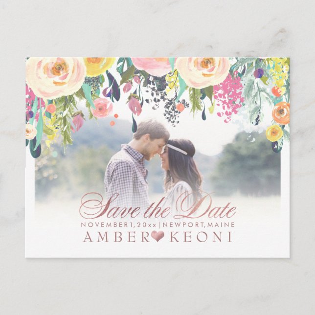 Postal De Anuncios PixDezines Boho Floral Save the Date/FauxRose Gold (Anverso)