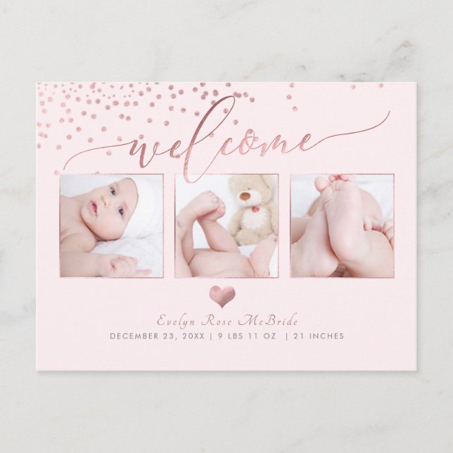 Postal De Anuncios PixDezines Confeti/Birth Announce Falso Rosa Dorad (Anverso)