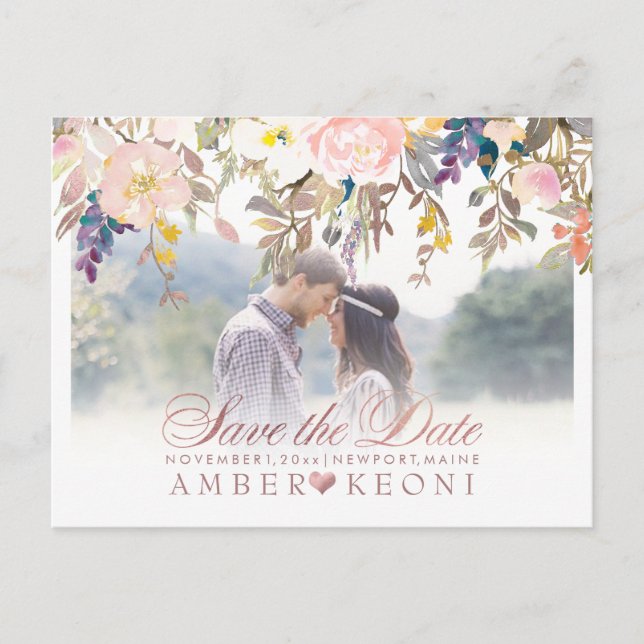 Postal De Anuncios PixDezines Floral de Primavera Guarde la Fecha/Oro (Anverso)