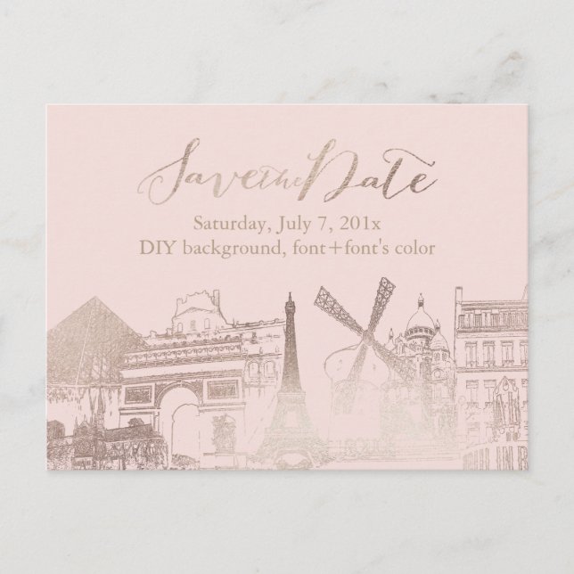 Postal De Anuncios PixDezines/Guardar Fecha/Falso Oro Rosa/París Dibu (Anverso)