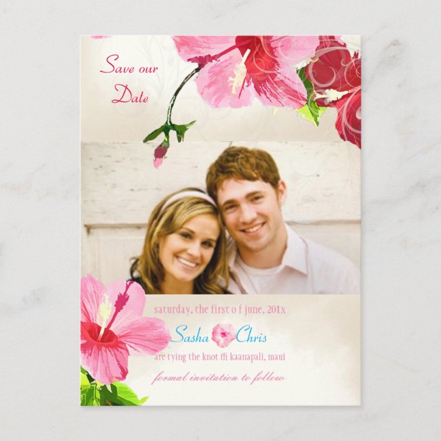 Postal De Anuncios PixDezines hibisco rosa/rojo/save the date (Anverso)