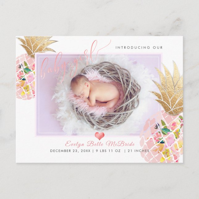Postal De Anuncios PixDezines Piña + Niña, Letra Falsa con Hojas de E (Anverso)