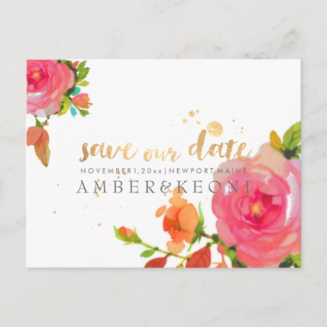 Postal De Anuncios PixDezines Rosas Acuarela/fecha de guardado (Anverso)