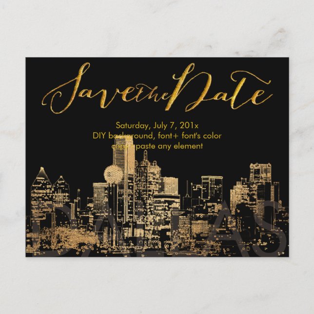 Postal De Anuncios PixDezines/Save Date/Faux Gold/Dallas Skyline (Anverso)