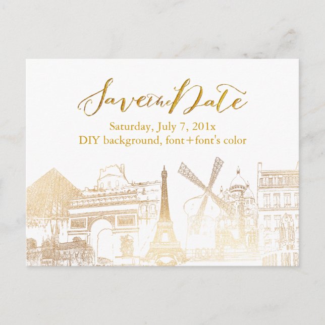 Postal De Anuncios PixDezines/Save Date/Faux Gold/Paris Sketched (Anverso)