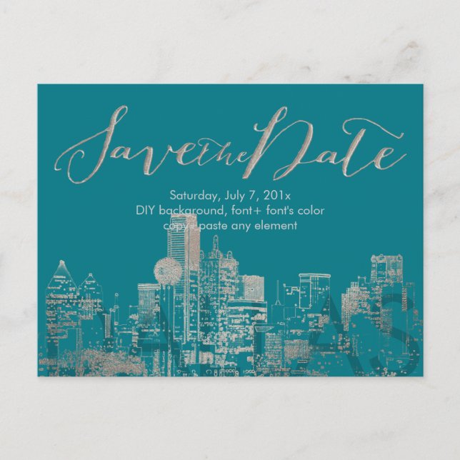 Postal De Anuncios PixDezines/Save Date/Faux Silver/Dallas Skyline (Anverso)