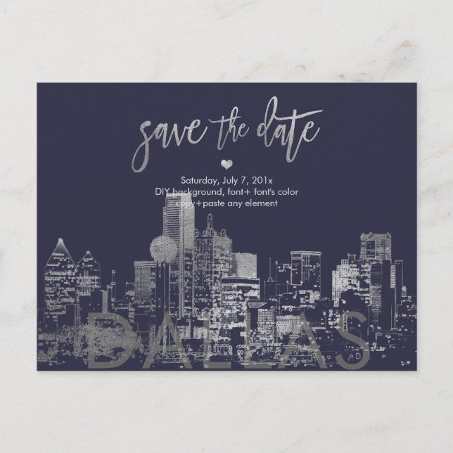 Postal De Anuncios PixDezines/Save the Date Dallas Skyline/Faux Silve (Anverso)
