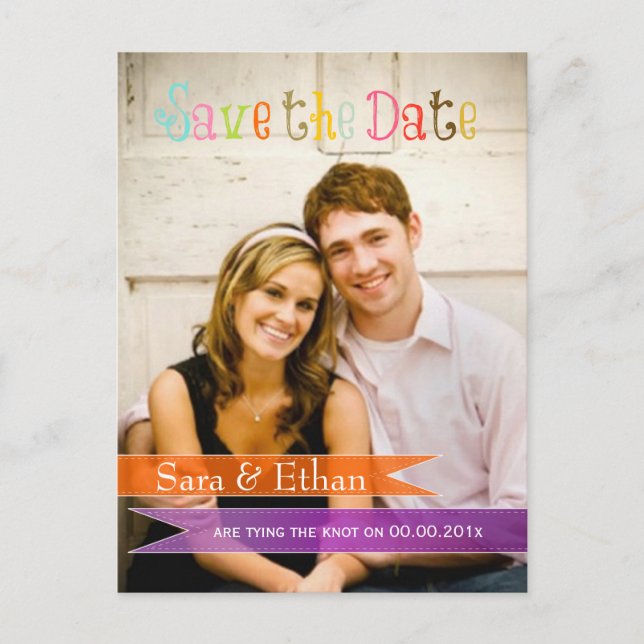 Postal De Anuncios PixDezines save the date morado+naranja (Anverso)
