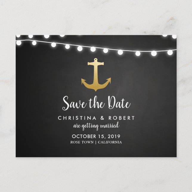 Postal De Anuncios Pizarra Ancla de Hoja de Oro Falso Save The Date (Anverso)