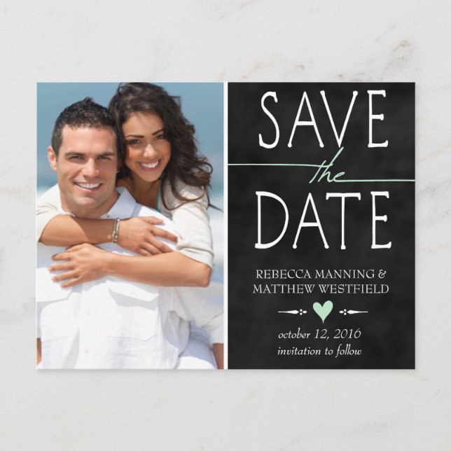 Postal De Anuncios Pizarra de Foto Verde Menta Save the Date (Anverso)