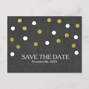Postal De Anuncios Pizarra Dorada y Confeti Blanco Save the Date